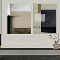 Modern Minimalist Interior With Abstract Paintings Fireplace Flames Vase Branches On Gray Wall 3d model