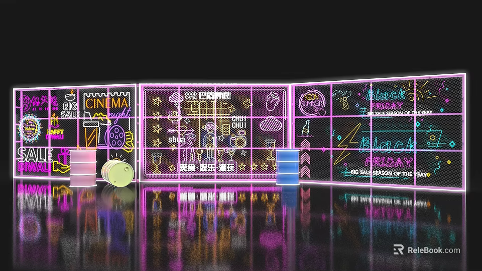 Vibrant Neon Graffiti Wall With Colorful Signs And Reflective Floor Art 3d model 
