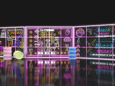 Vibrant Neon Graffiti Wall With Colorful Signs And Reflective Floor Art 3d model