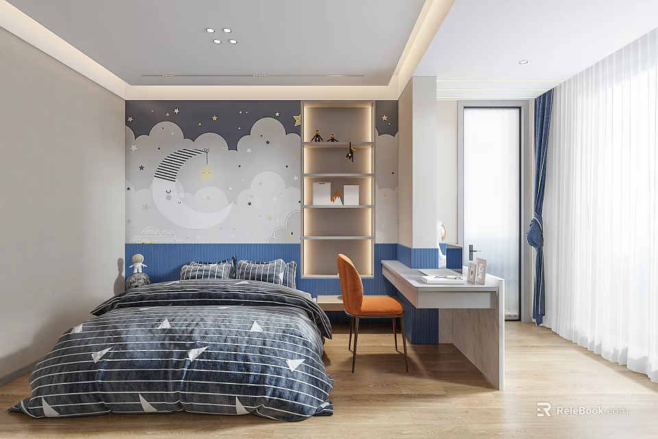 Modern Kids Room Interior Design With Cloud Star Wall Decor Bed Desk And Chair 3d model 