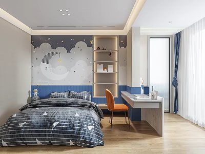 Modern Kids Room Interior Design With Cloud Star Wall Decor Bed Desk And Chair 3d model
