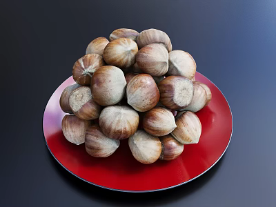 Red Plate Decoration With Pile of Fresh Chestnuts on Dark Background 3d model