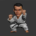Man in White Karate Uniform Striking Combat Action Pose on Gray Background
