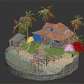 Cartoon Tropical Island Scene With Beach House Palm Trees Small Cabin And Wooden Pier