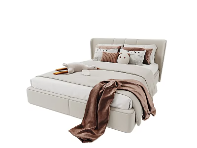 Cozy Beige Children's Bed With Soft Headboard Pillows Stuffed Toy And Blanket 3d model