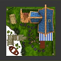 3D Cartoon Scene Featuring Cute House Blue Roof Striped Awning Wooden Fence And Small Boat