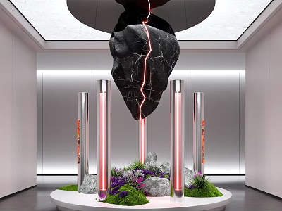 Modern Indoor Landscape Featuring Black Rock Red Cracks Silver Pillars Purple Green Plants White Base 3d model