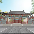 Traditional Chinese Ancient Architecture Classic Curved Roof with Colorful Painted Decorations and Stone Courtyard Entrance