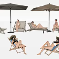 Outdoor Lounge Chairs With Umbrellas For People Relaxing In Sunlit Space 3d model