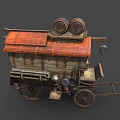 Rustic Vintage Wooden Cart With Red Roof And Two Wooden Barrels On Top