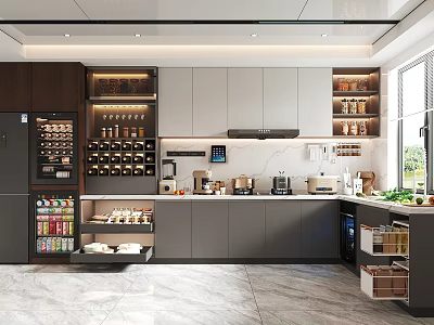 Modern Kitchen Interior With Dark Light Cabinets Marble Island Countertop And Appliances 3d model
