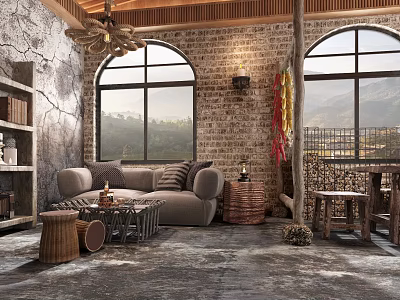 Industrial Style Living Dining Room With Arched Windows Brick Wall And Mountain View 3d model