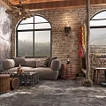 Industrial Style Living Dining Room With Arched Windows Brick Wall And Mountain View