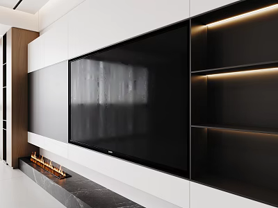 Modern Large Television on Stylish TV Wall with White Dark Cabinets and LED Lighting 3d model