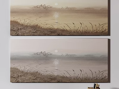 Scenic Landscape Painting With Sunlit Water Surface Grass And Distant Birds Reflection 3d model