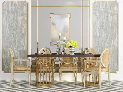 Elegant Modern Dining Table Set With Gold Frame Upholstered Chairs And Yellow Flowers 3d model