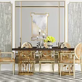 Elegant Modern Dining Table Set With Gold Frame Upholstered Chairs And Yellow Flowers