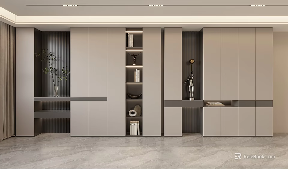 Modern Minimalist Shoe Cabinet Design With Multiple Storage Shelves And Decorative Artwork 3d model 