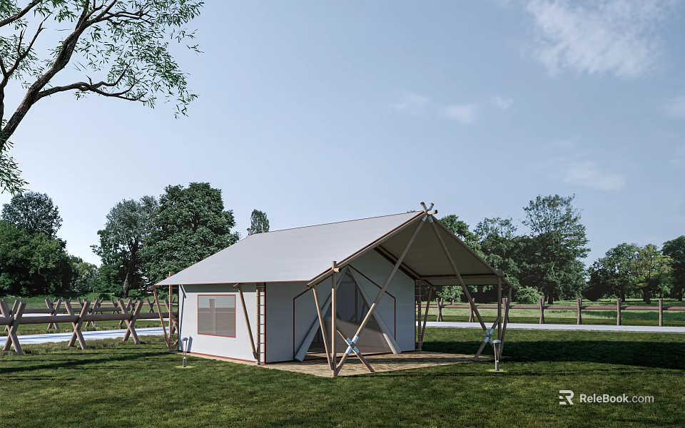 Spacious Luxury Glamping Tent With Sturdy Wooden Frame Set On Lush Green Grassy Outdoor Campsite 3d model 