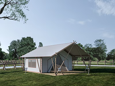 Spacious Luxury Glamping Tent With Sturdy Wooden Frame Set On Lush Green Grassy Outdoor Campsite 3d model