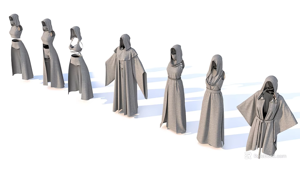 Gray Hooded Robes With Various Styles And Different Design Details 3d model 