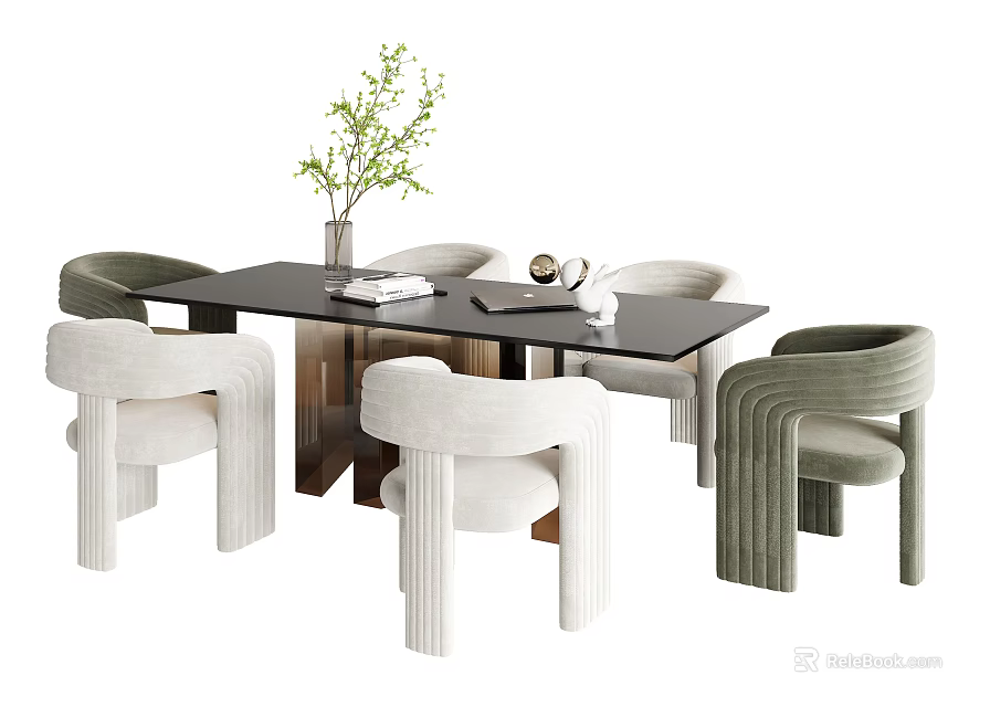 Modern Dining Table Set with White and Green Chairs Vase Greenery Books and Decorations 3d model 