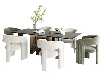 Modern Dining Table Set with White and Green Chairs Vase Greenery Books and Decorations 3d model