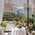 Cozy Home Balcony With Large Windows White Curtains Round Table Rattan Chair And Potted Plants