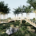 Wooden Walkway And Platform In Tropical Forest With Palm Trees And Green Vegetation