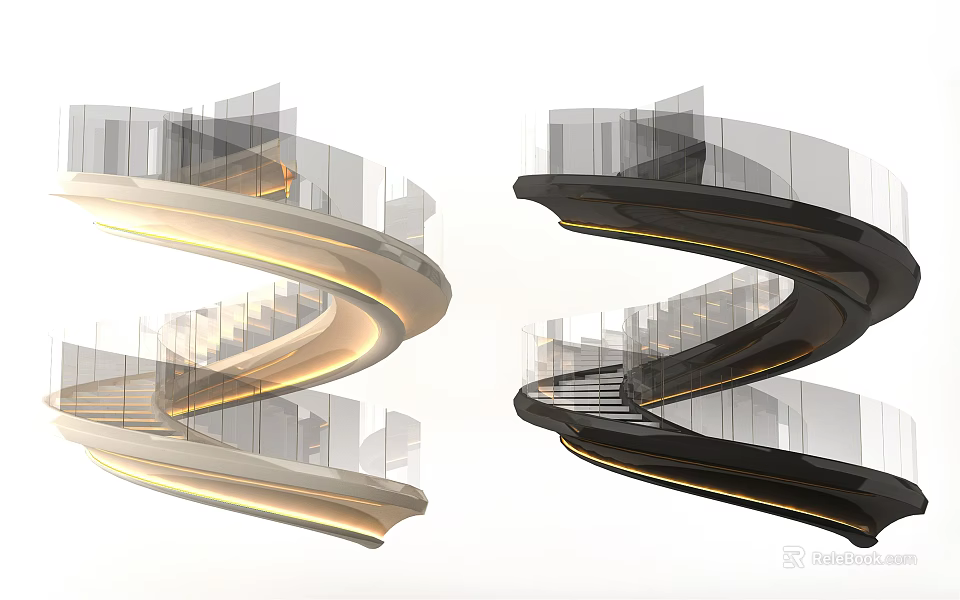 Modern Spiral Staircase Design With Golden And Black Sleek Curves And Glass Railings 3d model 