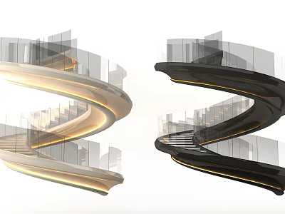 Modern Spiral Staircase Design With Golden And Black Sleek Curves And Glass Railings 3d model