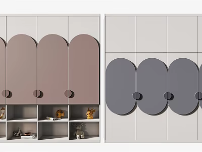 Modern Wardrobe With Arched Doors Round Knobs And Open Shelves In Brown And Gray 3d model