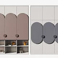 Modern Wardrobe With Arched Doors Round Knobs And Open Shelves In Brown And Gray 3d model
