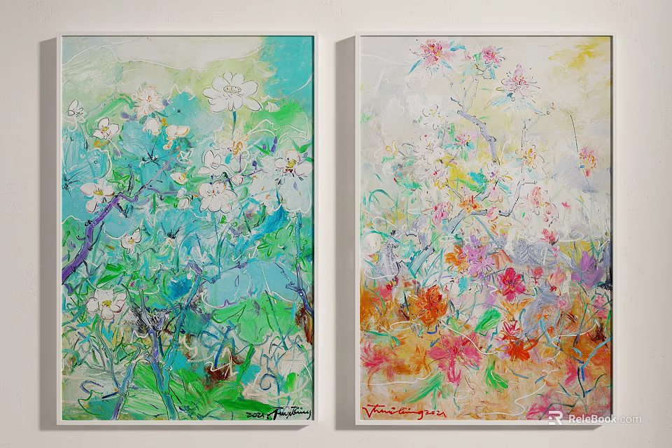 Vibrant Botanical Paintings With Blue Green And Orange Red Floral Art For Wall Decor 3d model 