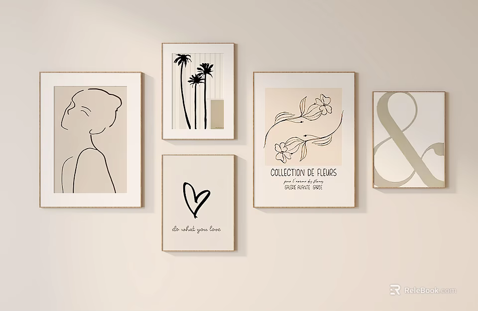 Minimalist Abstract Paintings with Figure Outline Palm Trees Flower Heart and Typography as Wall Decor 3d model 