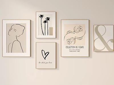 Minimalist Abstract Paintings with Figure Outline Palm Trees Flower Heart and Typography as Wall Decor 3d model