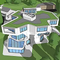 Modern Detached Villa Featuring Green Roof and Geometric Design Surrounded by Trees