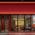 Modern Restaurant Interior With Red Walls Food Display Posters Dining Tables And Chairs