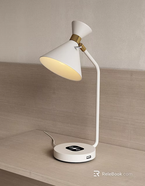 White Table Lamp With Conical Shade Curved Metal Arm Round Base And Warm Light 3d model 