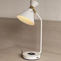 White Table Lamp With Conical Shade Curved Metal Arm Round Base And Warm Light