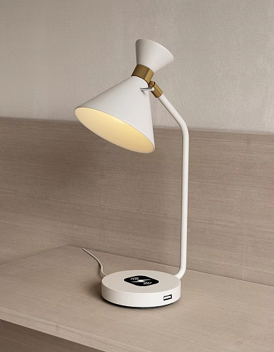 White Table Lamp With Conical Shade Curved Metal Arm Round Base And Warm Light 3d model