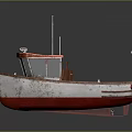 Small Red and White Vintage Water Transport Boat With Cabin Deck and Rustic Rusty Design