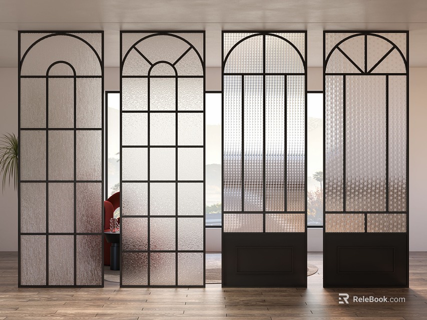 Modern Room Dividers With Geometric Metal Frame Glass Panels And Unique Patterns 3d model 