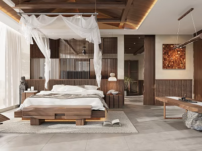 Natural Style Hotel Guest Room With Wooden Canopy Bed Screen Partition And Decorative Painting 3d model