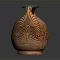 Sculpture Carving Of Ancient Earthenware Jug With Intricate Orange And Black Patterns And Handle