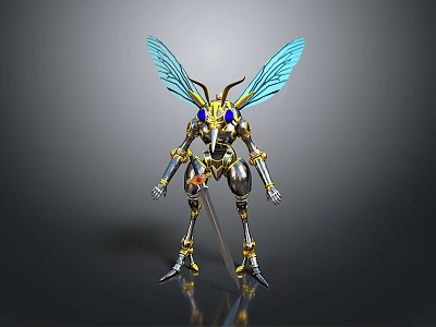 Mechanical Insect Character With Blue Wings Yellow Metallic Body And Sword Standing On Reflective Ground 3d model