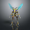 Mechanical Insect Character With Blue Wings Yellow Metallic Body And Sword Standing On Reflective Ground
