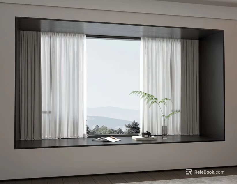 White Curtains in Modern Window with Potted Plant Books and Mountain View 3d model 