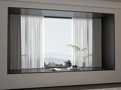 White Curtains in Modern Window with Potted Plant Books and Mountain View 3d model