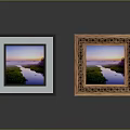 Ornate Black And Carved Wooden Picture Frames With Sunset River And Green Landscape